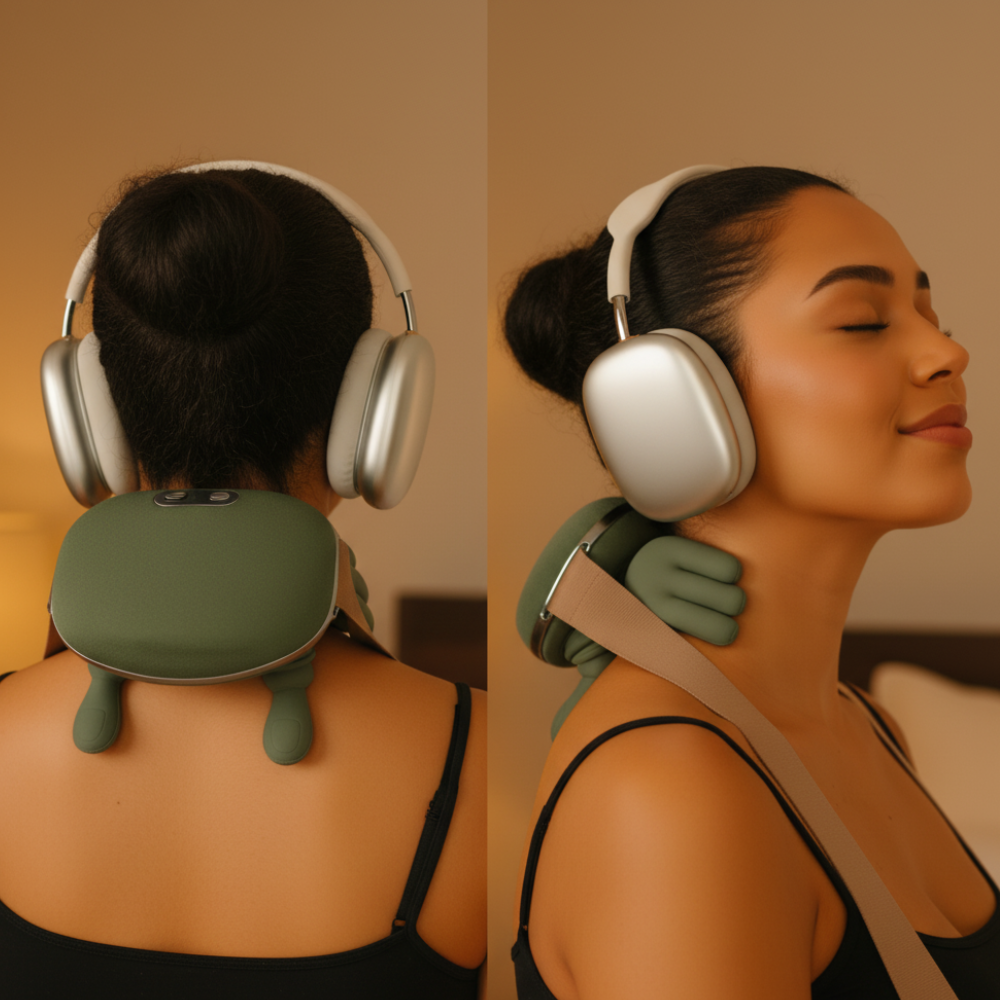 Woman using Relaxo device for neck massage and anxiety relief
