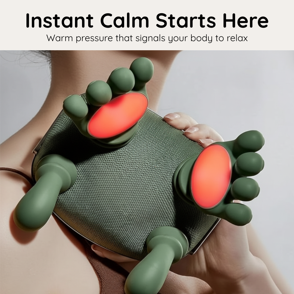 Hands using the Relaxo massager with glowing nodes for deep pressure relief