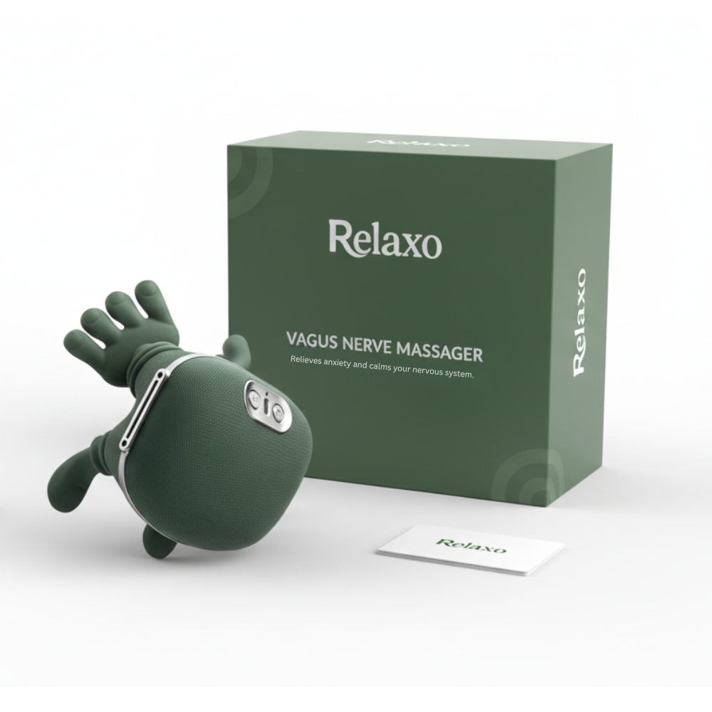 Relaxo massager shown next to its product box and charging cable
