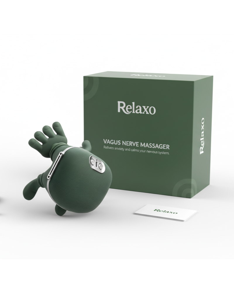 Relaxo vagus nerve massager with box and included accessories on display